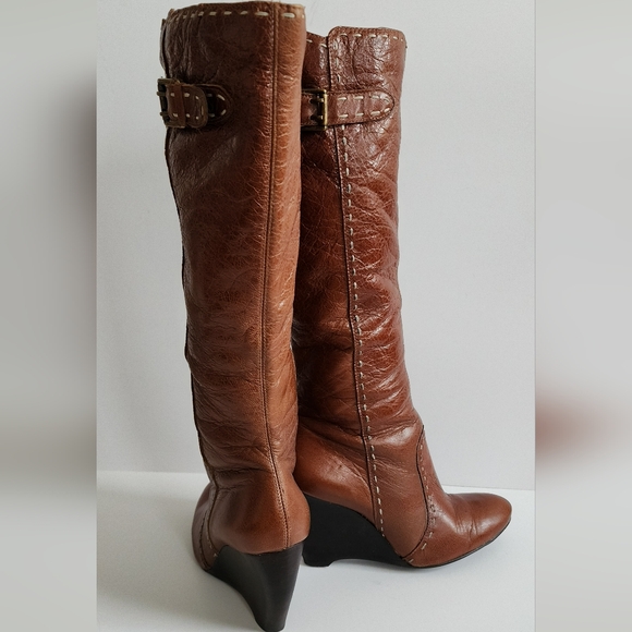 DIBA BOOTS COGNAC BROWN WEDGE HEEL KNEE HIGH ALMOND TOE BUCKLE LEATHER 7 - Picture 14 of 16